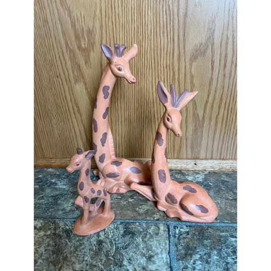 Vintage 1965 Set Of 3 Handmade Ceramic Giraffes 2 Seating 1 Standing Burnt Orange & Brown