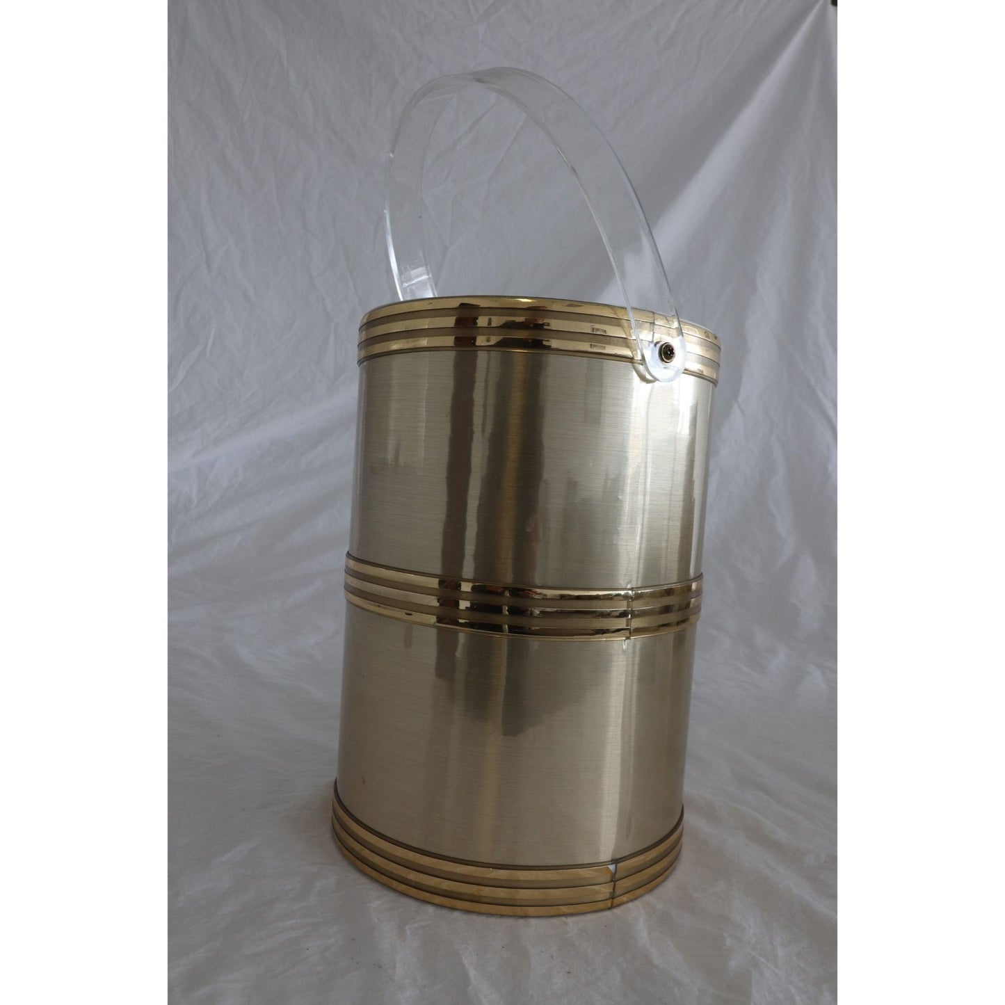 Vintage 1950's Ice Bucket, Saks Fifth Avenue, Gold Tone With Acrylic Lid Handle, Mid Century