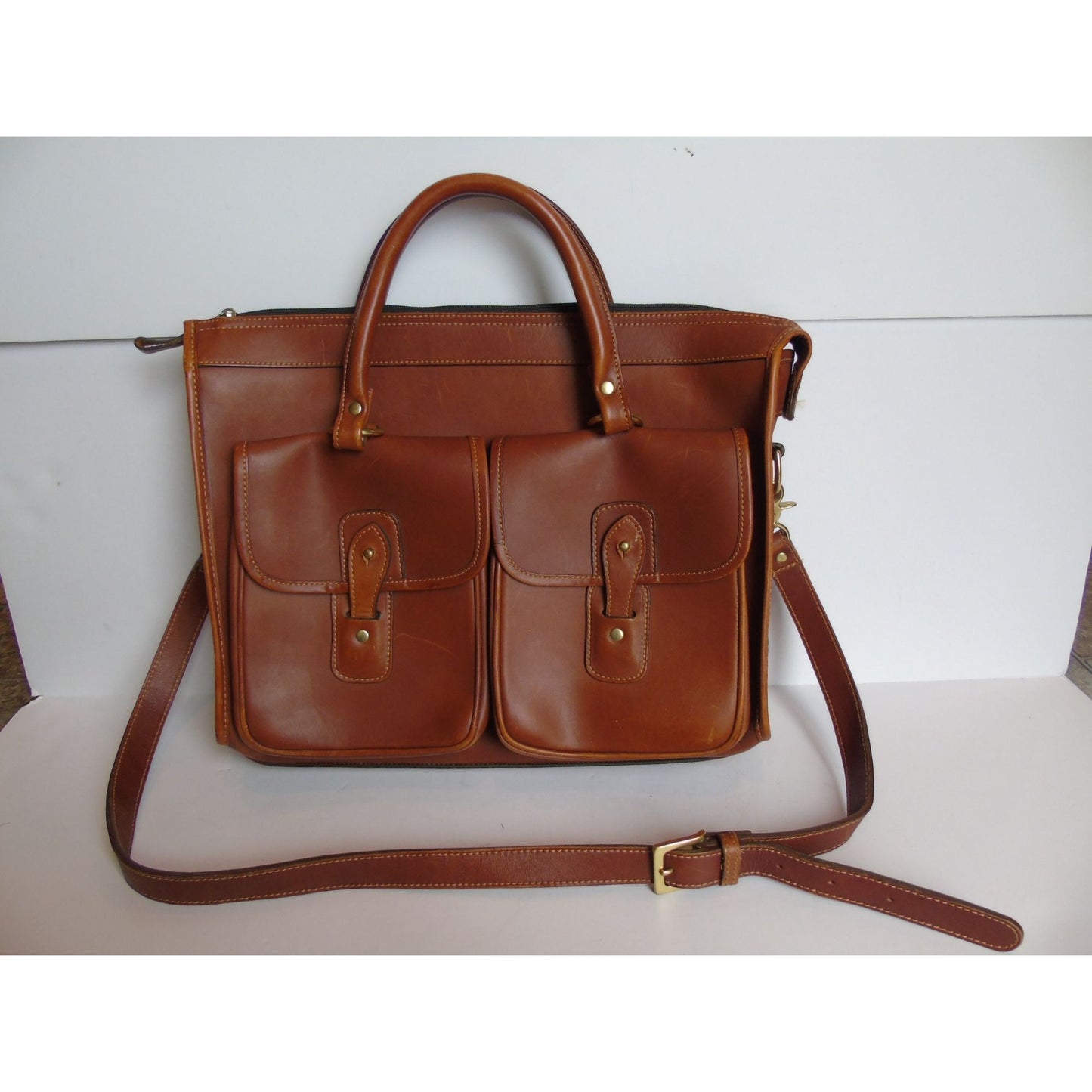 Vintage 1990's Leather Briefcase JEEP Adjustable Crossbody Strap Brown