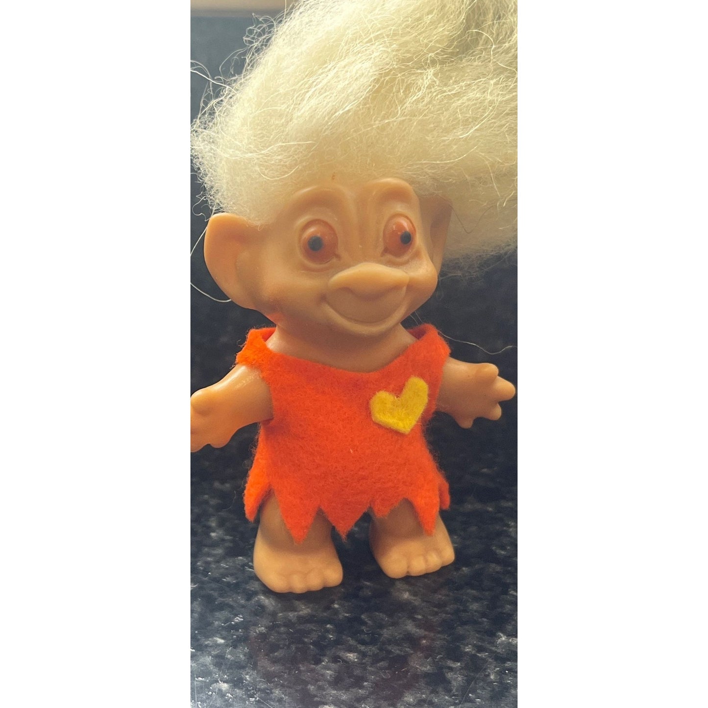 Vtg 1960's Rootie Tab Neck 3” Troll Doll with White Hair and Bulgy Orange Eyes Handmade Orange Dress With Heart