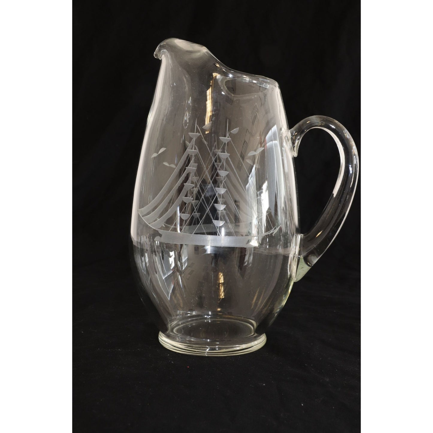 Vintage 1970's Large Glass Pitcher Tall Ship Etching 104 Oz. Sangria Water Juice Glass Pitcher 11" Tall