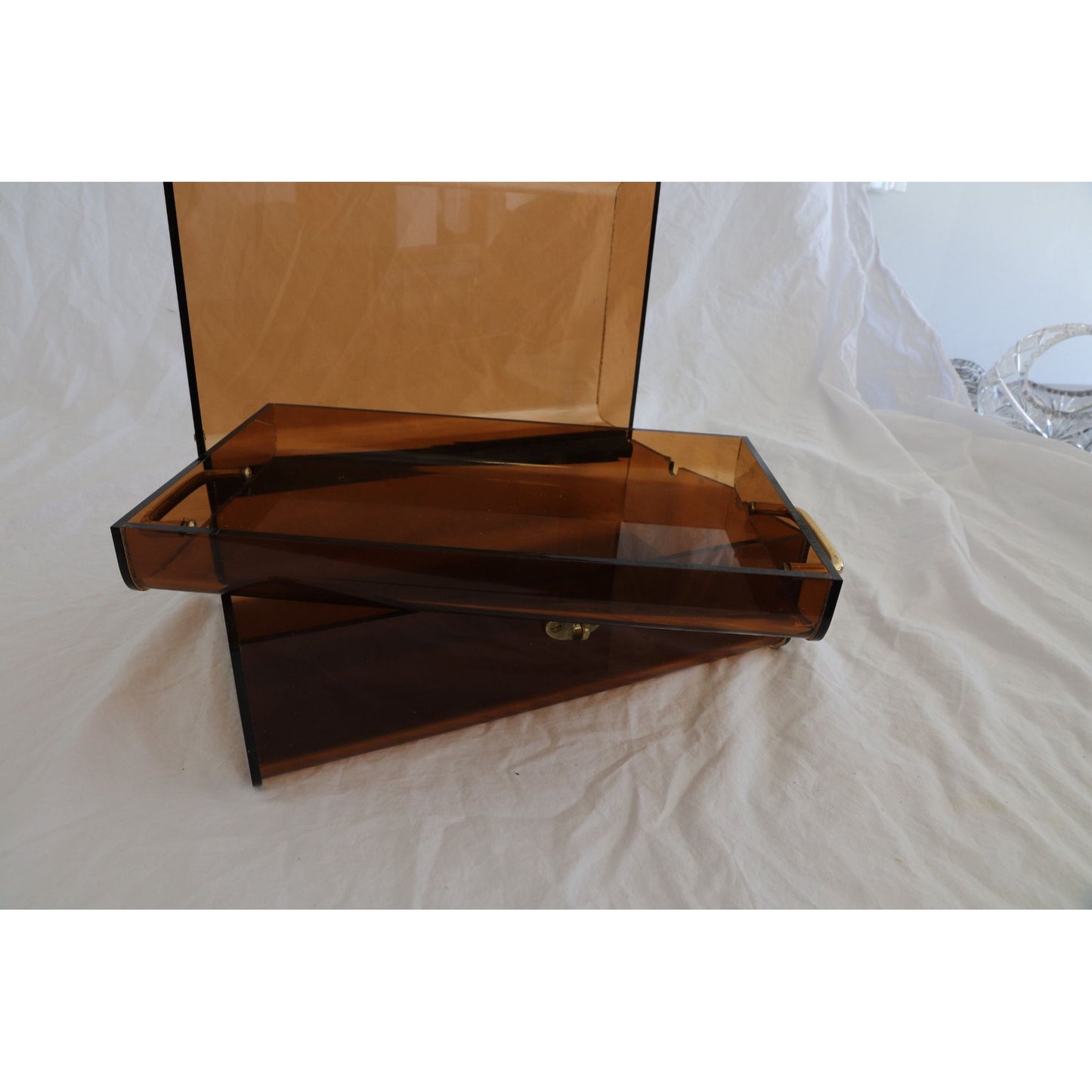 Vintage Brown Acrylic Jewelry Box Brass Lock Hardware With Tray Mid Century Prop For Aramis Cologne