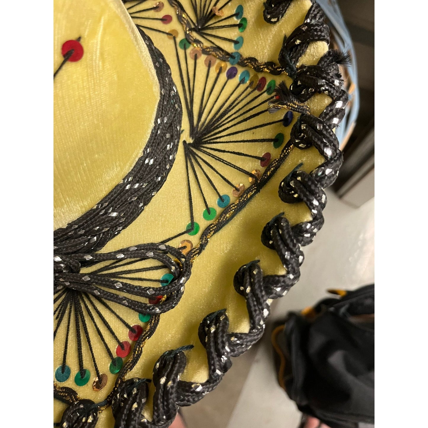 Vtg Pigalle XXXXX Mustard & Black Embroidered Mexican Sombrero Sequined Black String Turquoise Lining