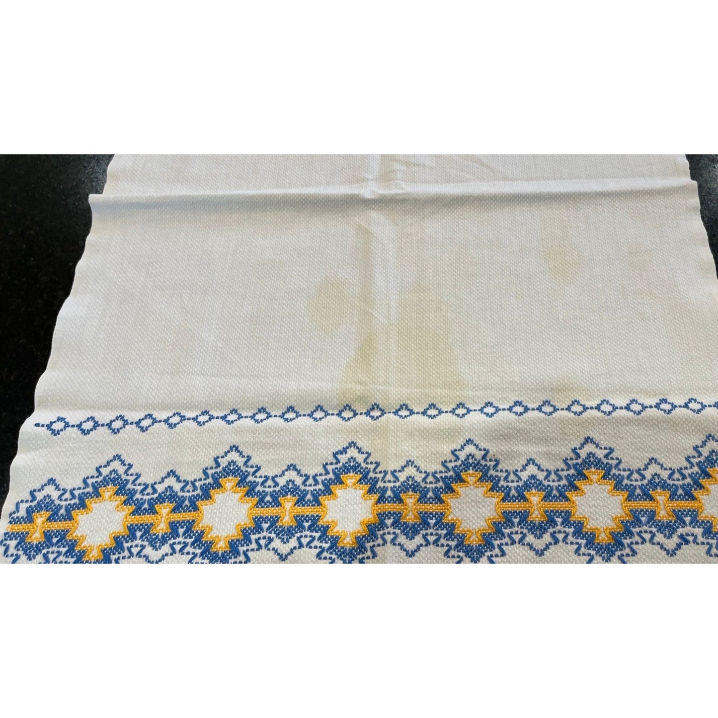 Vtg Handmade Romanian Decorative Table Runner Blue Yellow Hand Embroidered & Crocheted Folk Romanian Textile Intricate Pattern Cotton