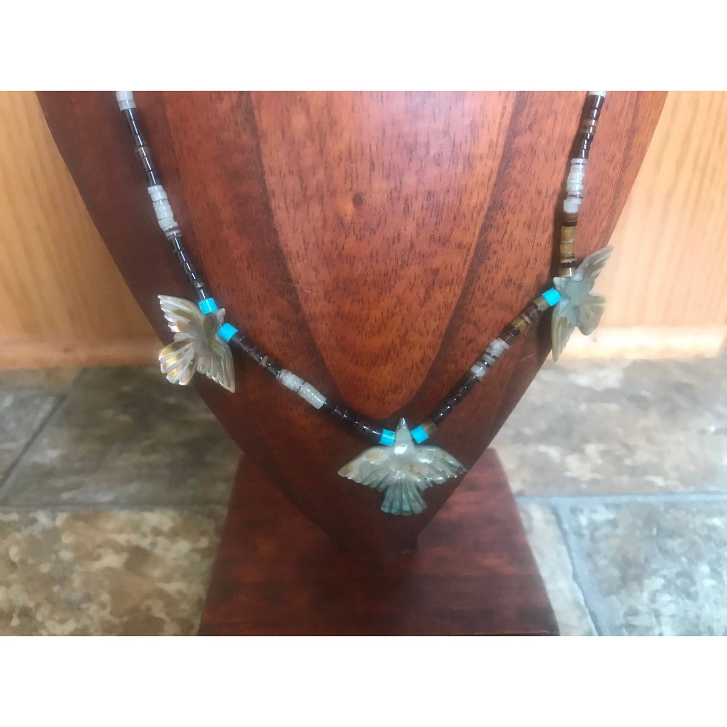 Vtg Zuni Necklace Native American Hand Carved Mother Of Pearl 3 Thunderbird Heishi Turquoise Beads