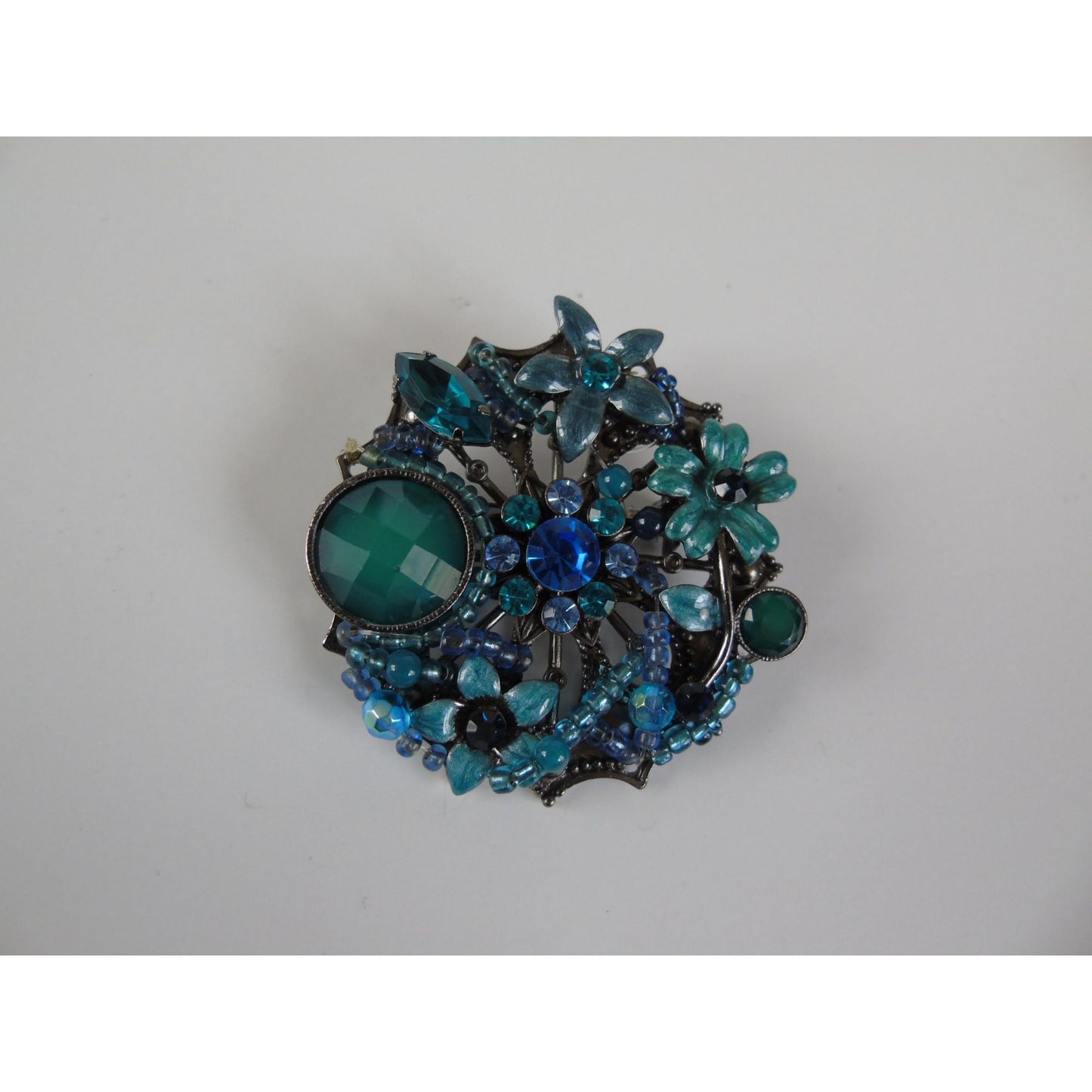 Vintage Blue Green Round Brooch Pin Rhinestones Beads Floral Pattern NWOT Handmade