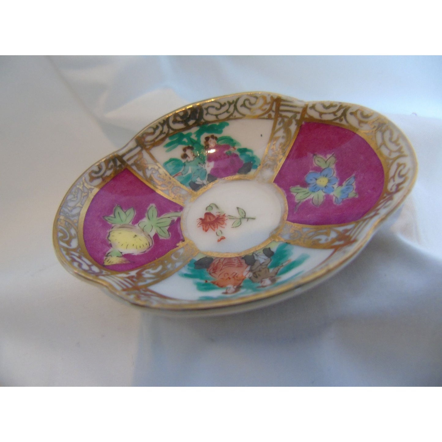 Vintage Dresden Style Hokutosha Occupied Japan Hand Painted Fuchsia Courting Couple Cup & Saucer