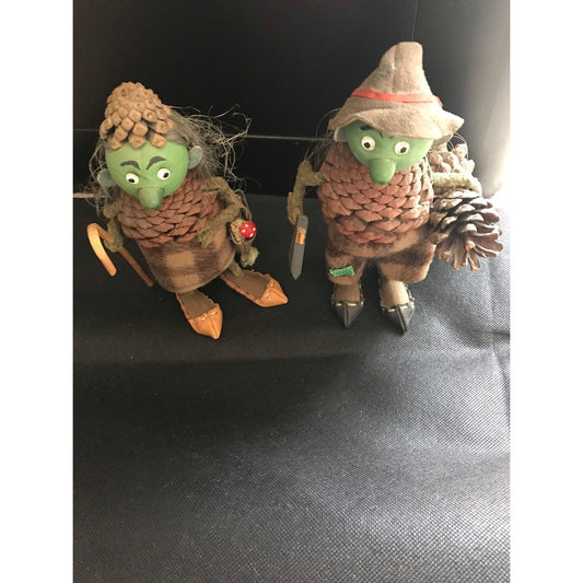 Vtg Pair Of Kottfigurer Troll Dolls Figurines Pinecones Female Male Made In Sweden Handmade Hand Painted Mushroom Walking Cane & Axe