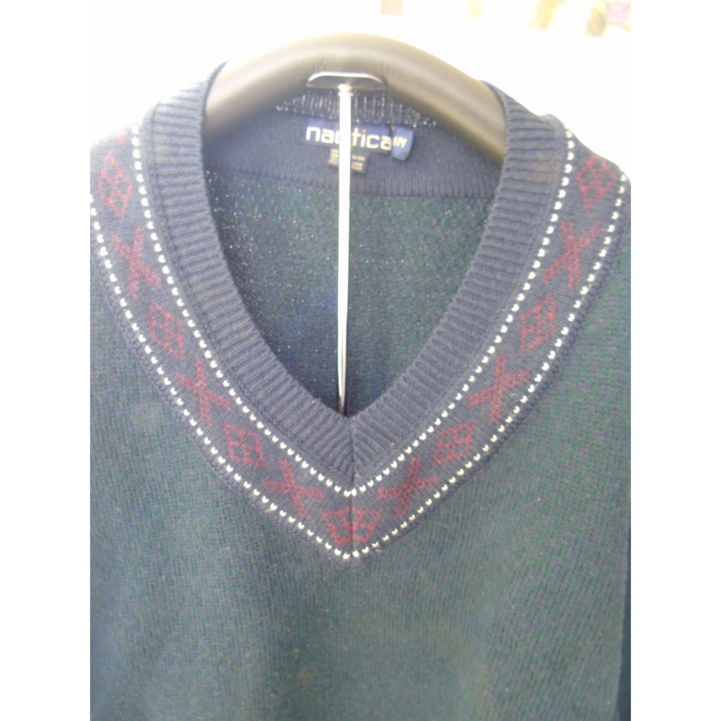 Vintage Men’s Designer Sweater Nautica V Neck 100% Wool Blue Red Green M