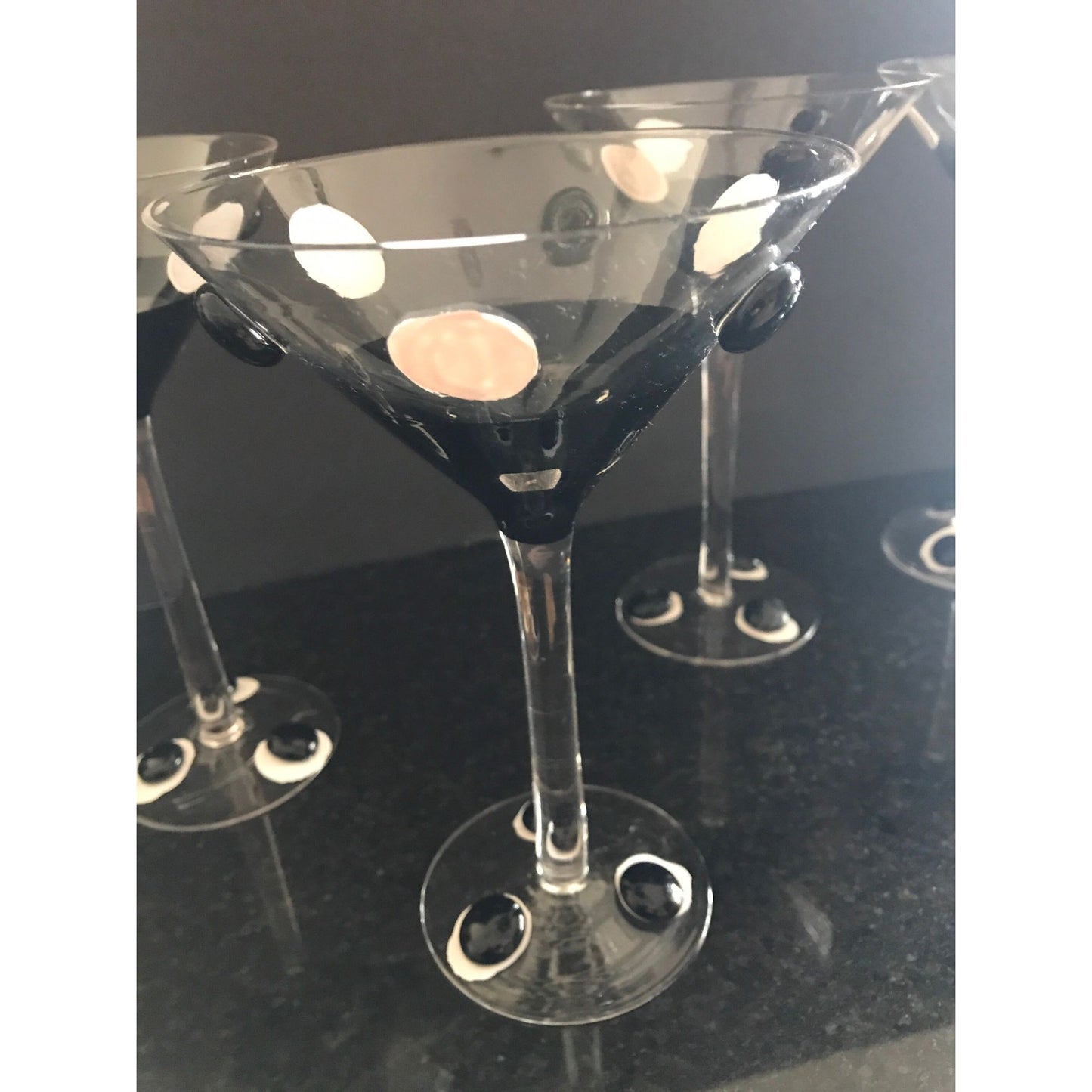 Vintage Handmade Black White Pop Art Set Of 6 Martini Glasses Holds 4 ozs. Art Glass One Of A Kind