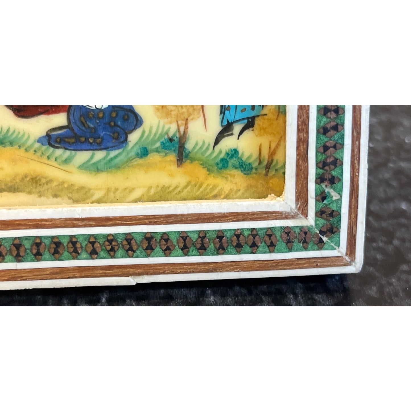 Vtg Handmade Painting 4 People One Playing An Oud Micro Mosaic Indo Persian Moorish Art Inlaid Wood Marquetry Framed Miniature