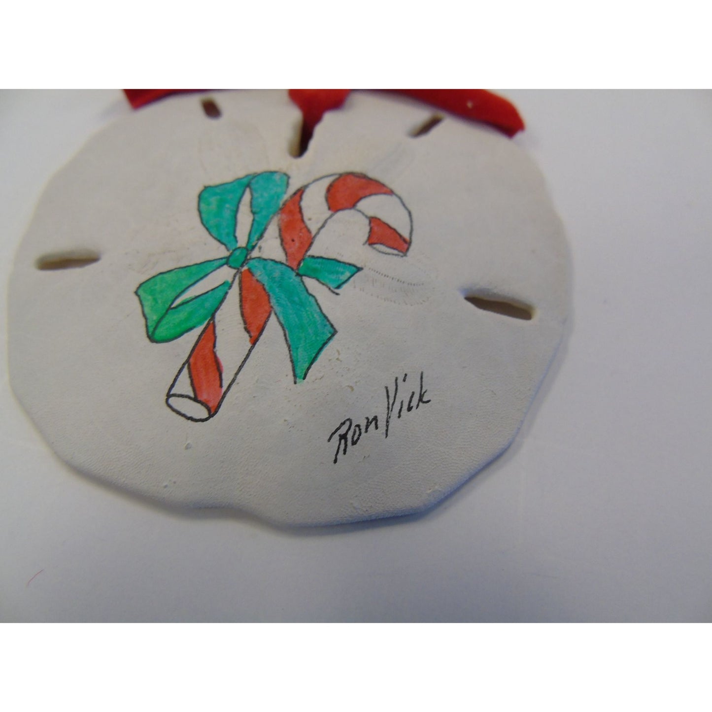 Vintage 1970's Ron Vick Christmas Candy Cane Sand Dollar Ornament Hand Painted & Signed By The Artist