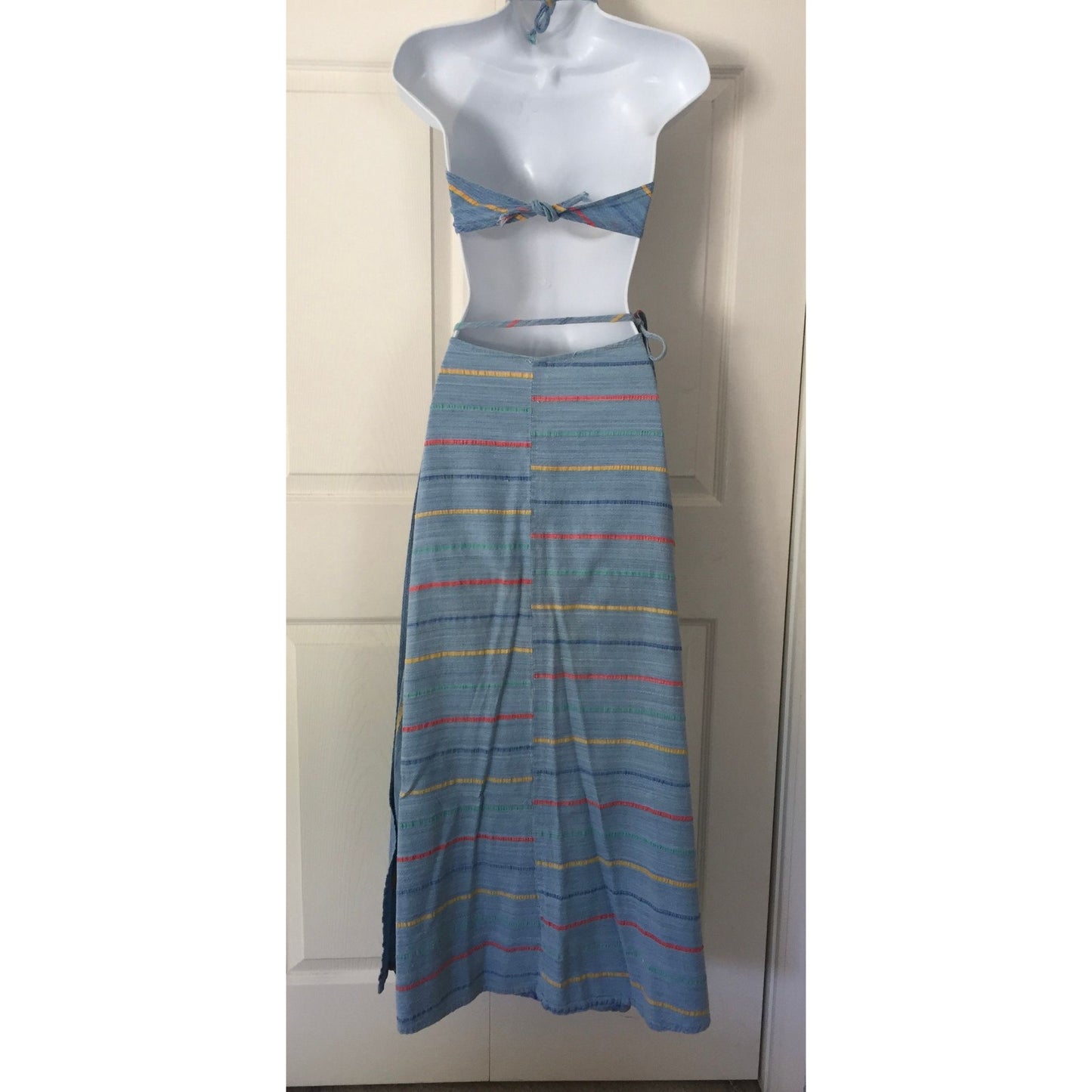 Vtg 1973  Mykonos Greece Handmade Hand Dyed Wide Maxi Swing Wrap Around Skirt With Two Matching Halter Tops Size S Blue With Stripes