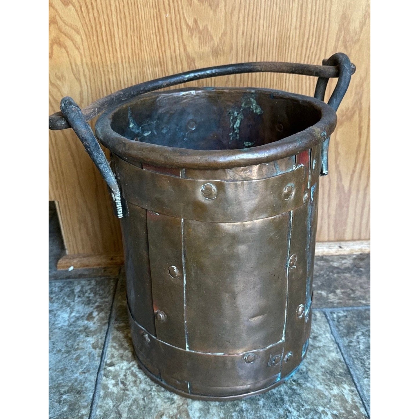 19th Century Copper Firewood Bucket Cauldron With Handle 11 1/4" Tall