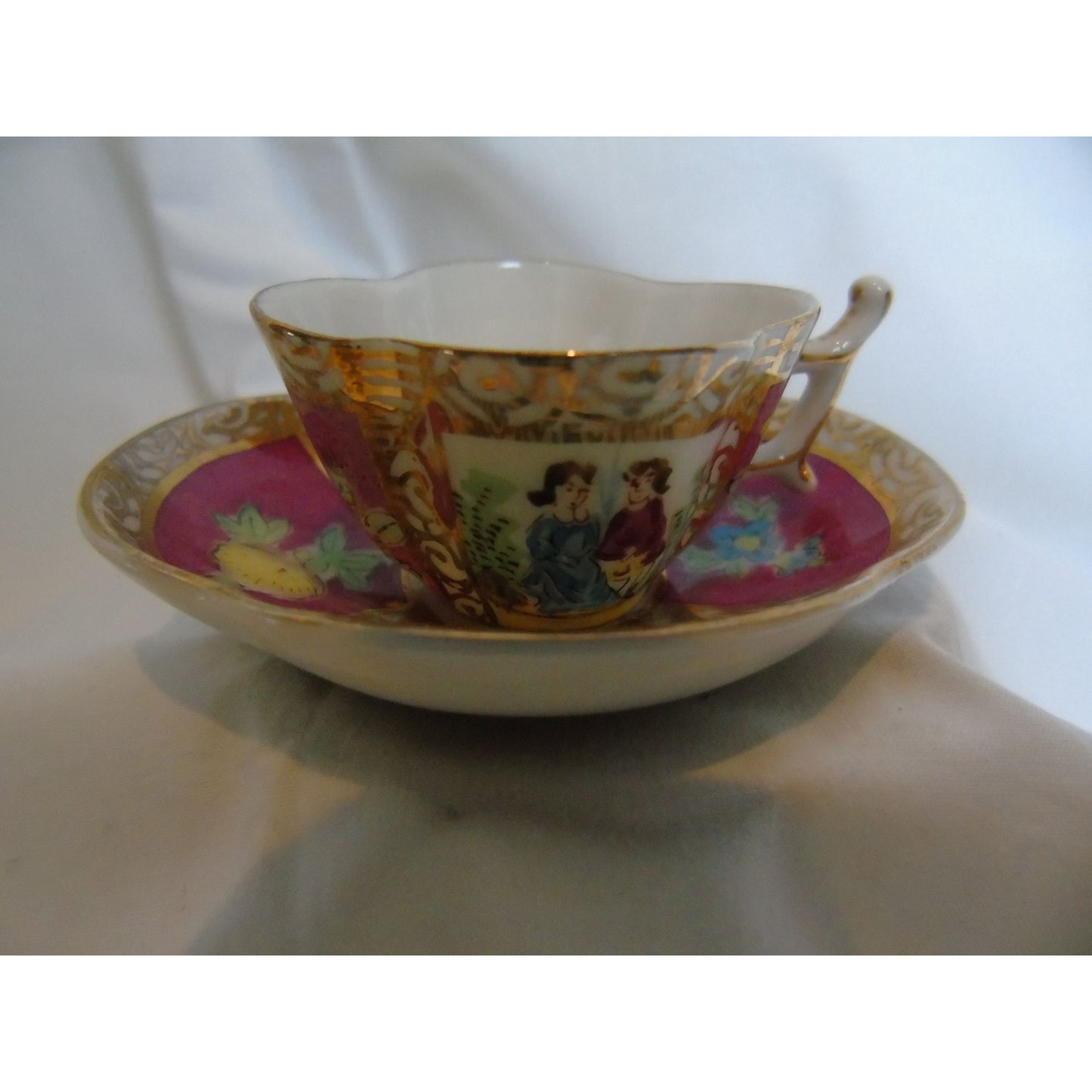 Vintage Dresden Style Hokutosha Occupied Japan Hand Painted Fuchsia Courting Couple Cup & Saucer