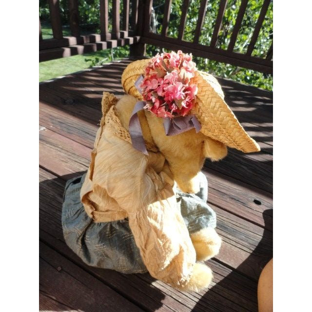 Vintage Handmade 20″ Teddy Bear Full Brim Straw Hat Flowers Denim Dress Red Bow