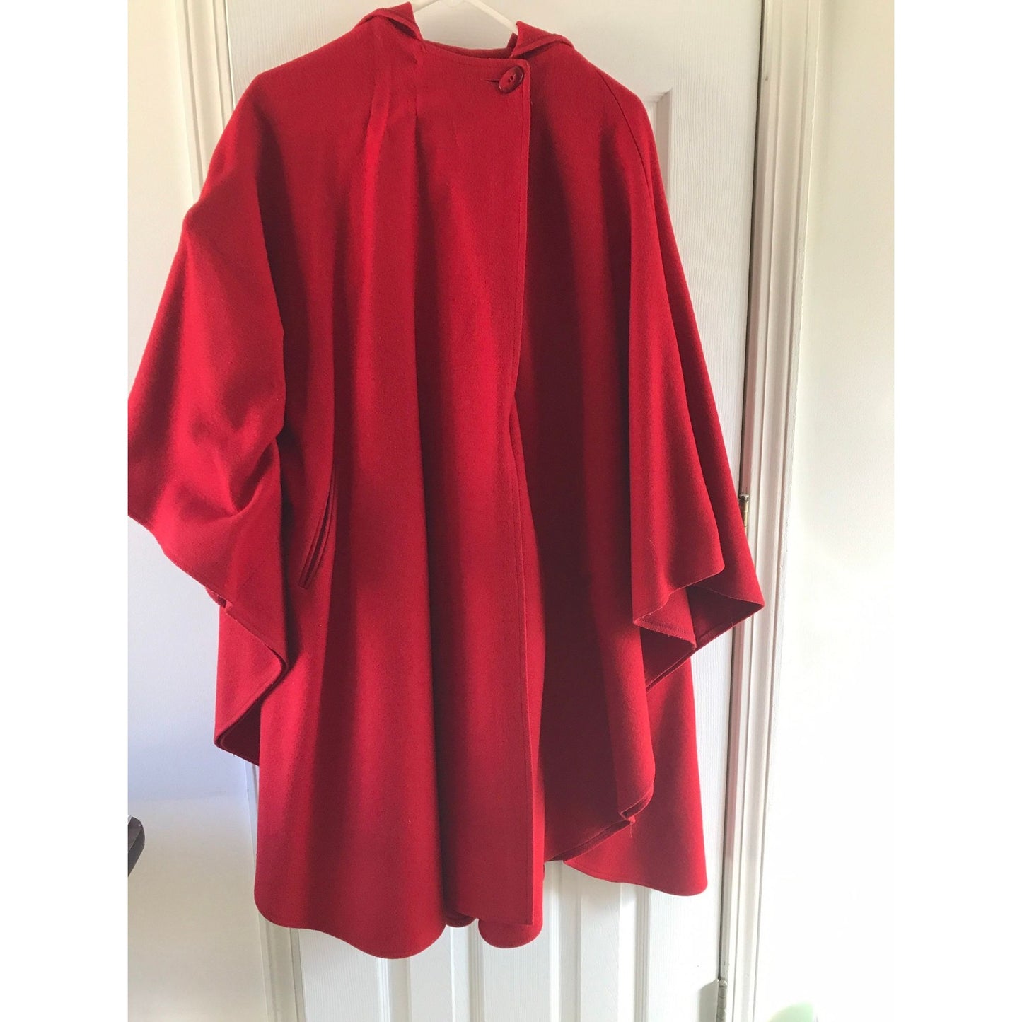 Vtg Cape Poncho Coat Women’s Heavy Red Wool Size L Button Neck Closure With Hood & Scarf