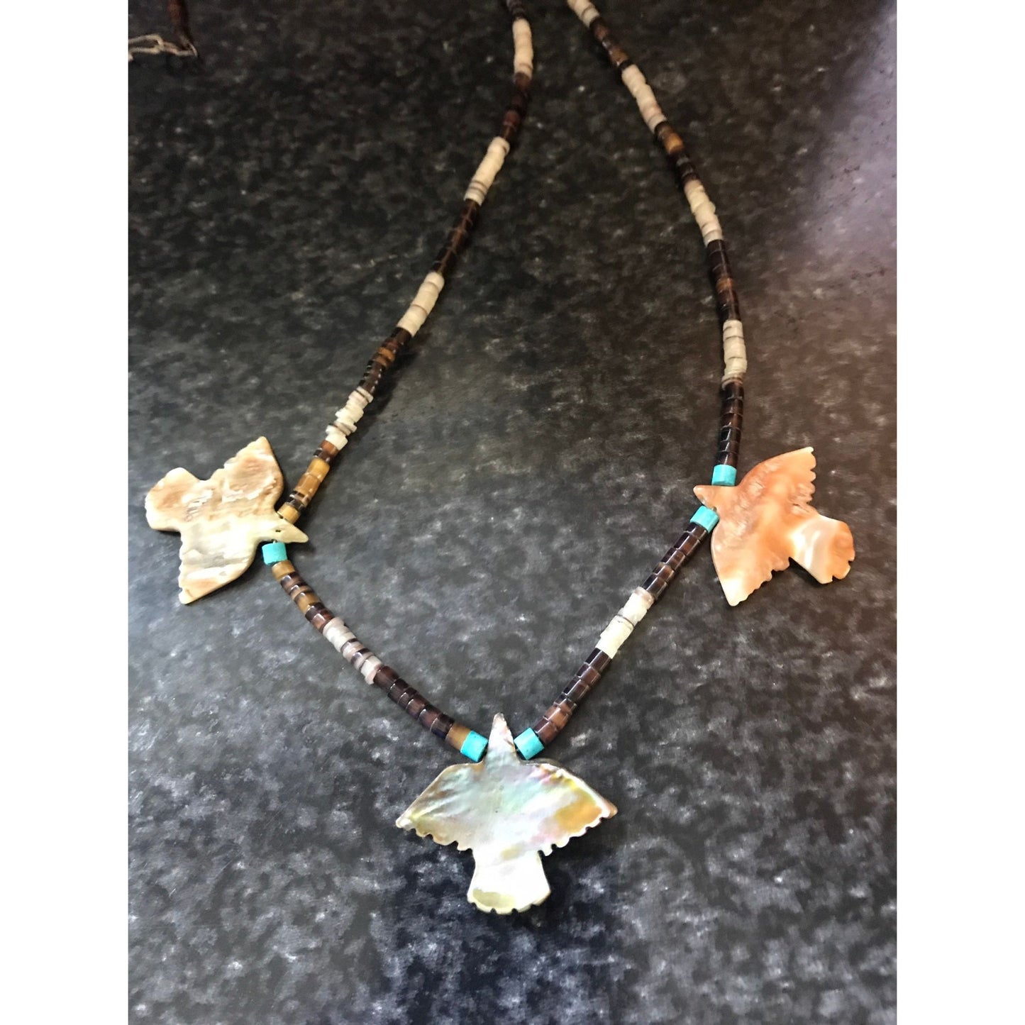 Vtg Zuni Necklace Native American Hand Carved Mother Of Pearl 3 Thunderbird Heishi Turquoise Beads