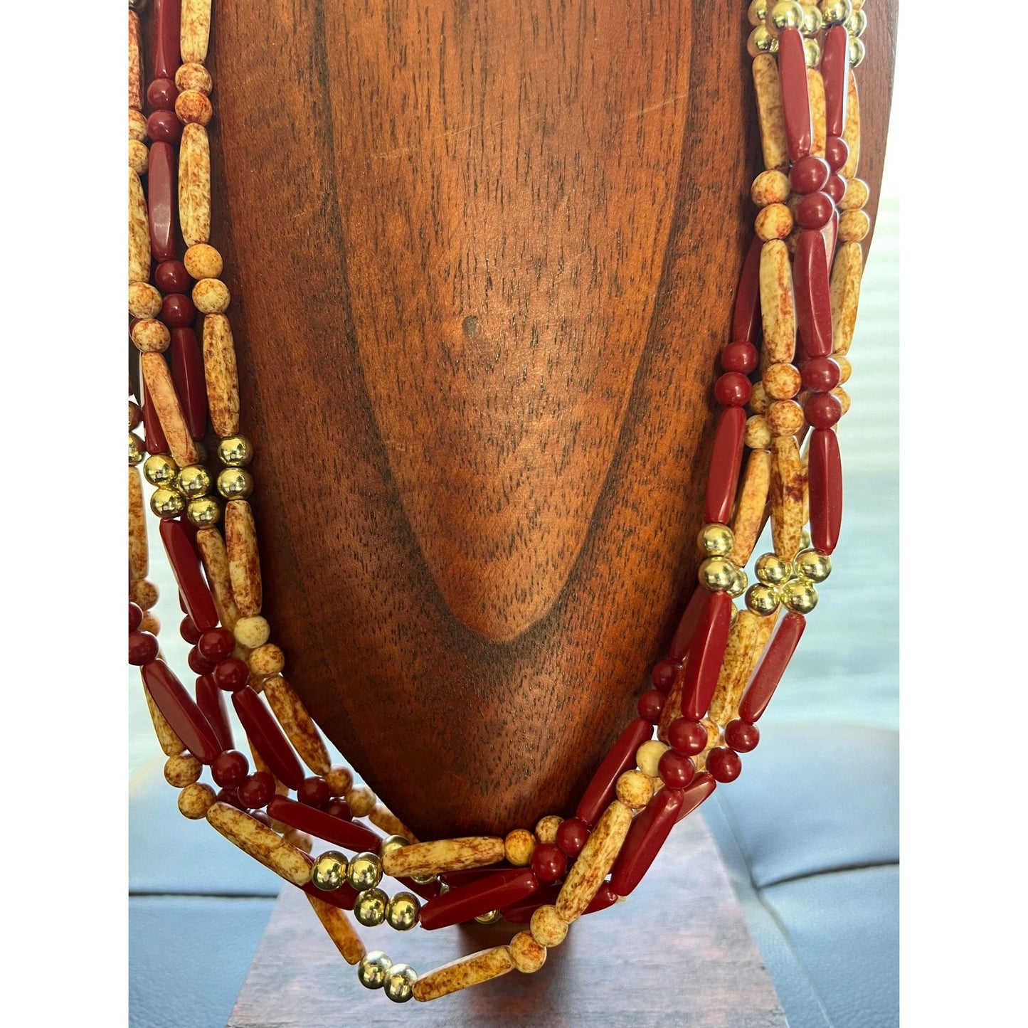 Vintage Guatemala Indigenous Trade Beads 6 Strand Necklace 29 1/2" Various Size Beads Red Gold Marbled