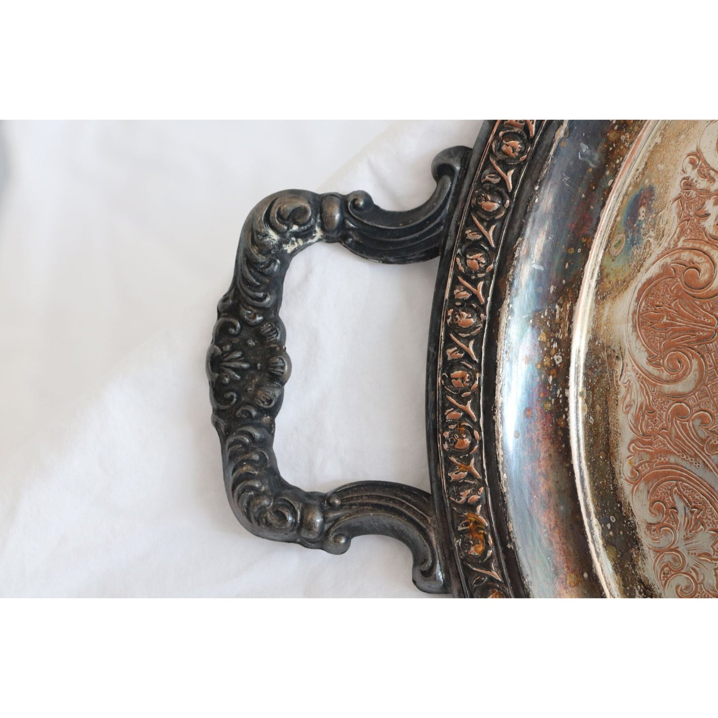 Antique Butler Tray Round Silver Plated Tray with Handles, Serving Silver Plated Tray, Ornate Engraved Platter