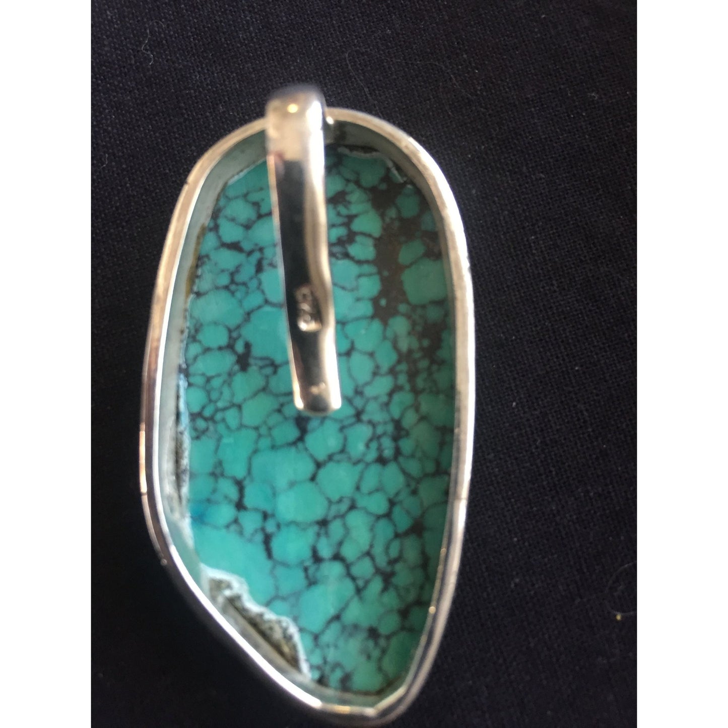 Vintage Turquoise Pendant Free Form In Sterling Silver Stamped 925 Large Back Hook Bail