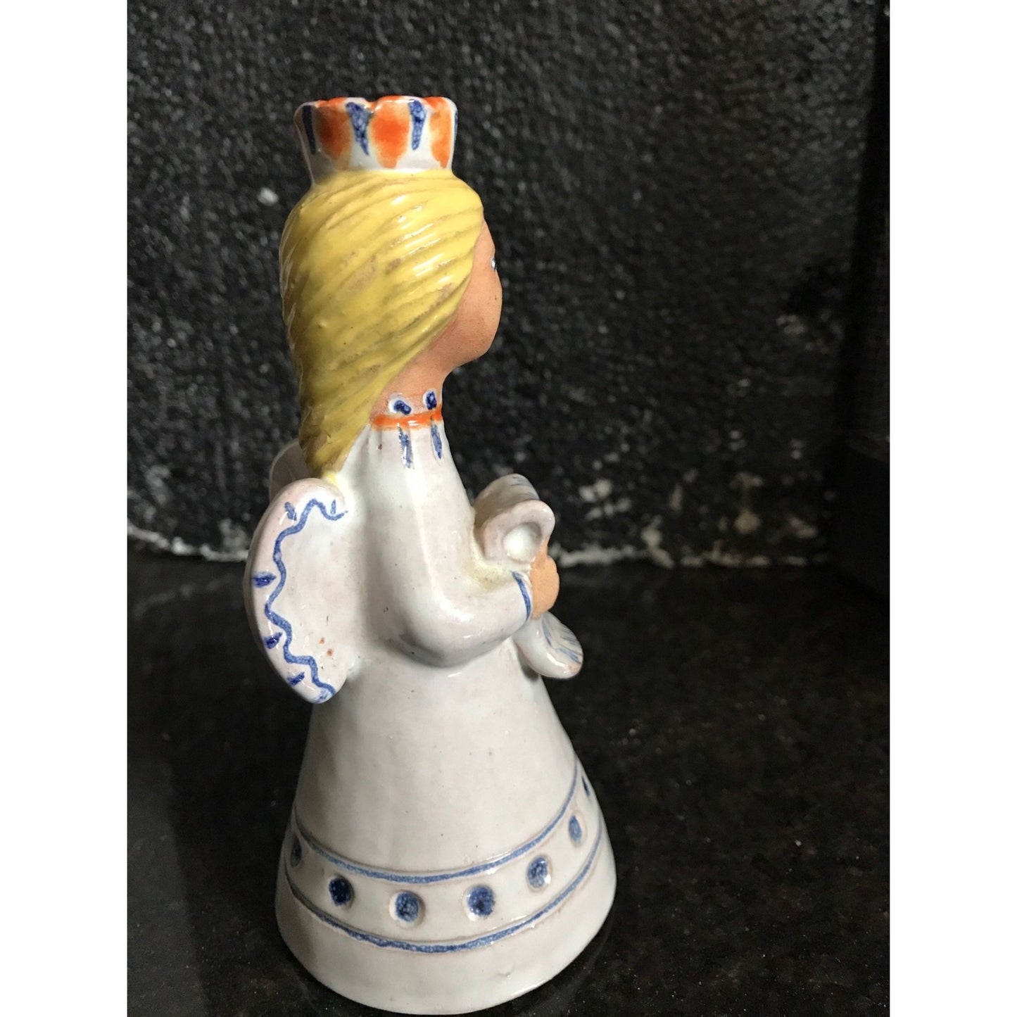 Vtg Hungarian Candle Holder Folkloric Ceramic Hand Painted Angel Miniature Taper Candle Signed By Artist