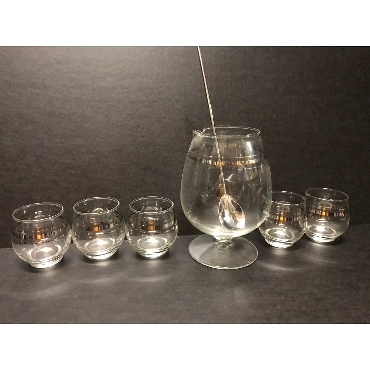 Vtg Set of Cocktail Mixer & Matching Glasses MCM Bar Ware Set Metal Spoon Mixed Drink Set Bar Glass Set of bar glasses Silver Rimmed