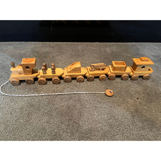 Vtg Pull Toy 6 Wooden Train Cars Engine Caboose Handmade In China Shellac Wood Original Label ART NO WTR