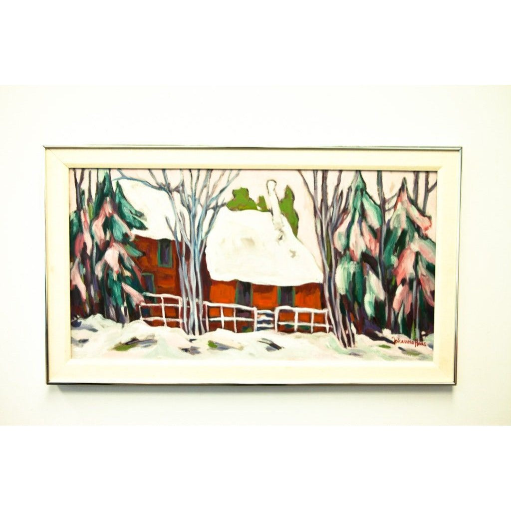 Vintage 1970's Johanna Haas Oil On Canvas Painting, "Winter Street With Red House", Signed Framed