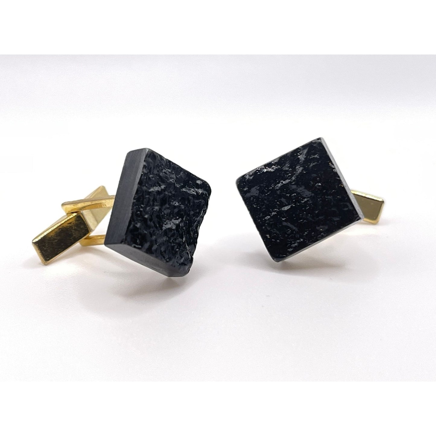 Vintage Small Square Black Textured Cufflinks Background Gold Tone