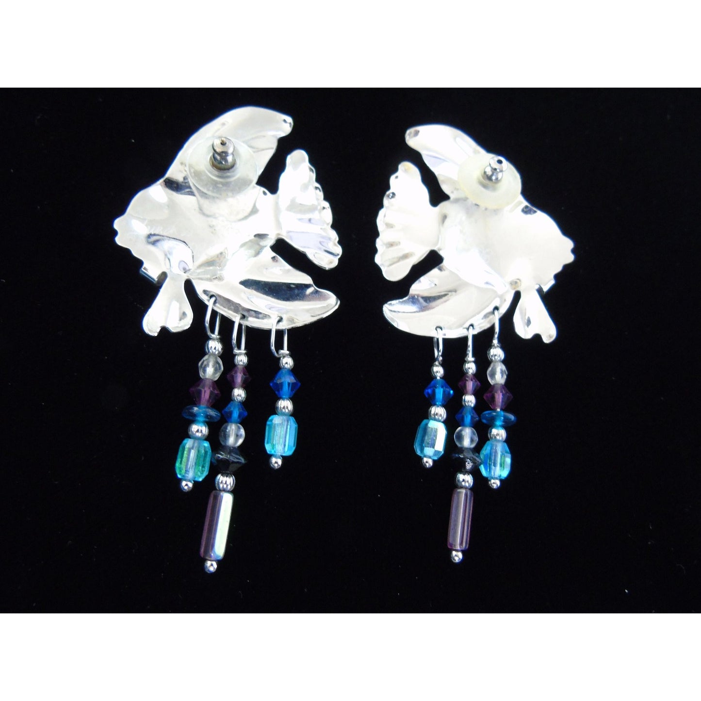 Lunch At The Ritz Fish Earrings Pierced Signed '87 LATR Glitter Enamel Rhinestones Beads