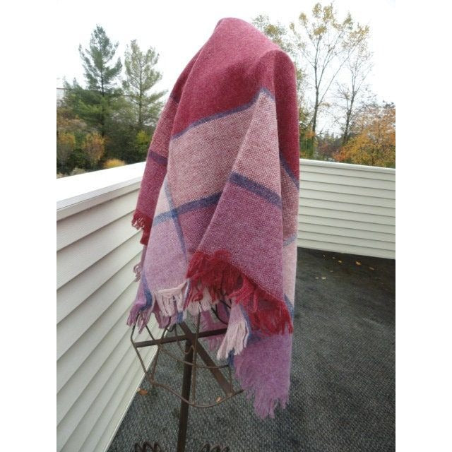 Vintage Wrap Shawl 1970’s Avoca HANDWEAVERS Pure New Wool Maroon Pink Blue Mauve Ireland