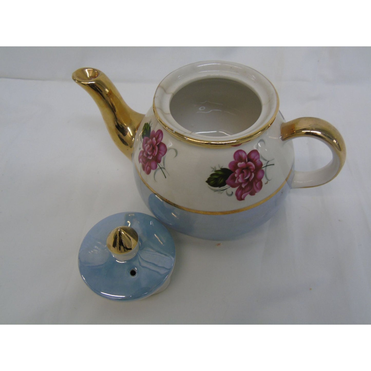 Vintage Gibsons Staffordshire England Blue and White with Gold Trim Red Roses Tea Pot