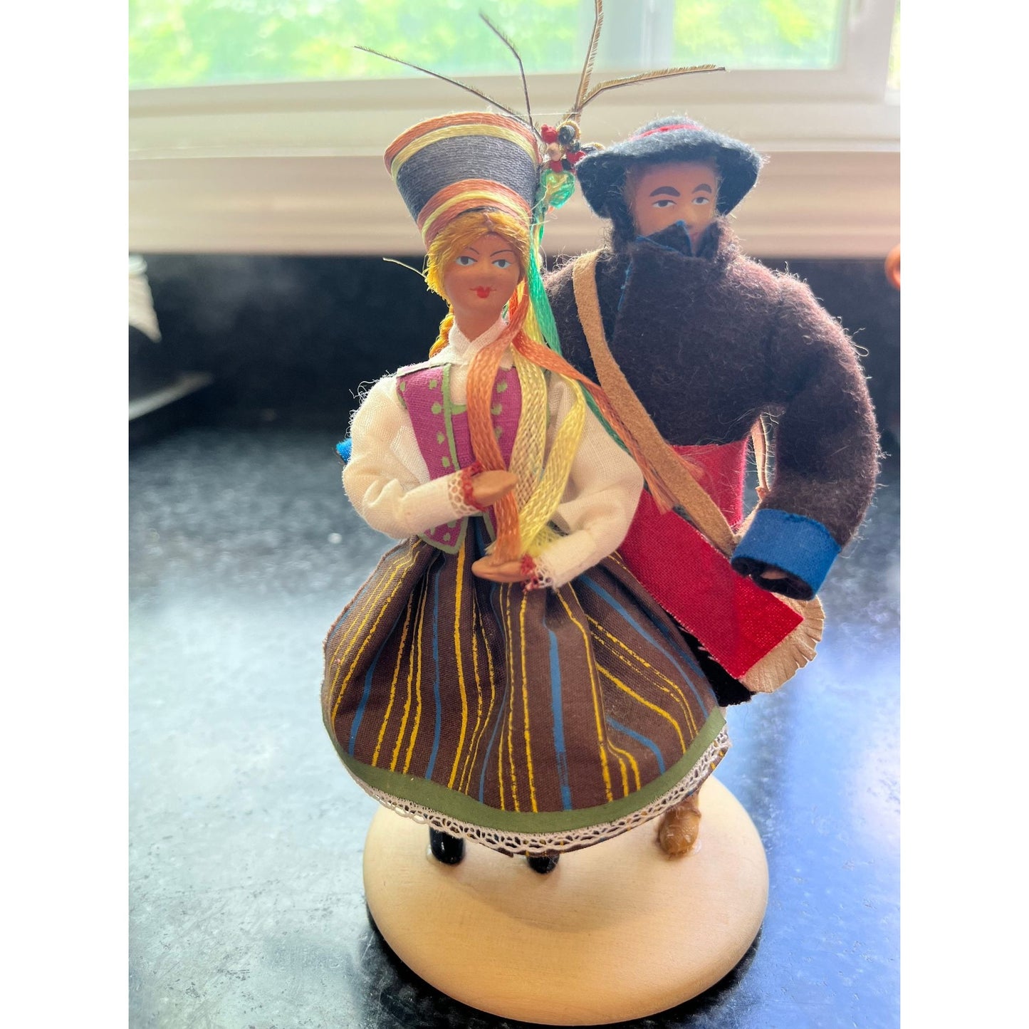 Vtg Polish Lalki Ludowe Oberek Costume Dolls Approx 7" On Round Wooden Stand Labeled & Stamped