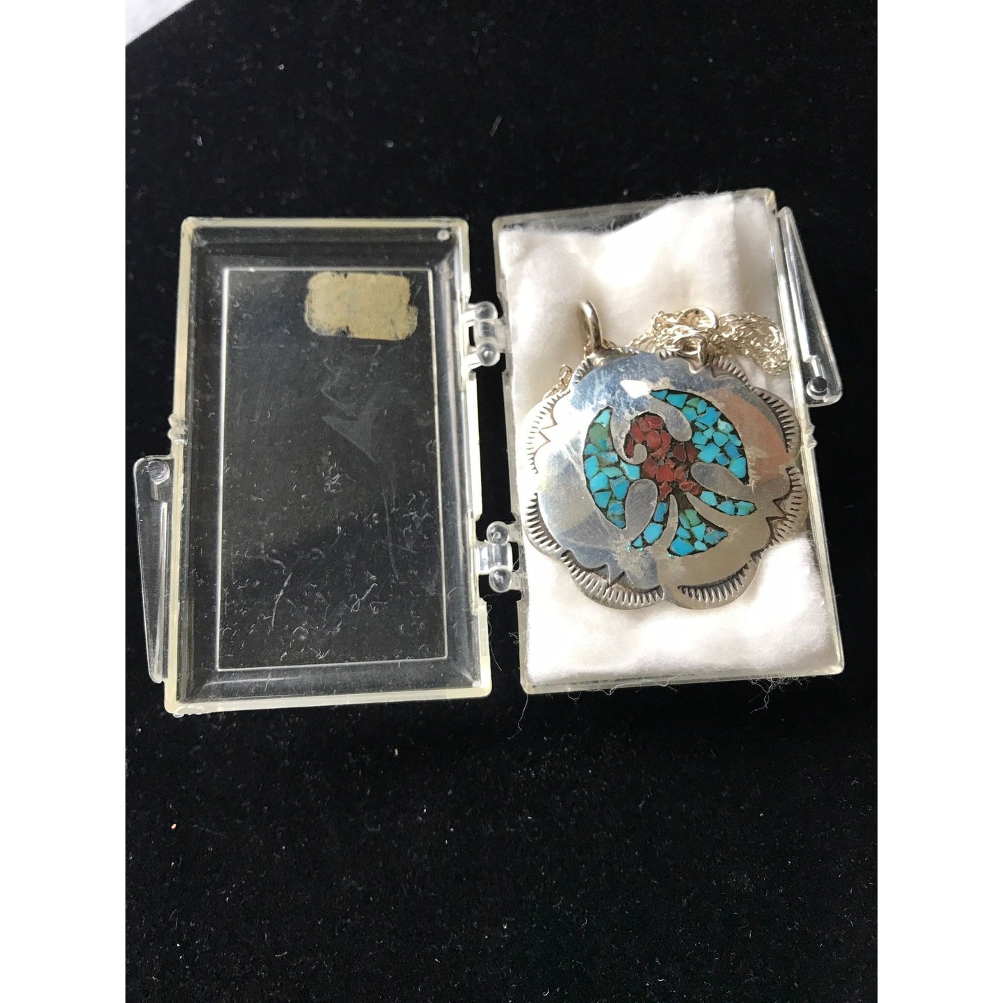 Vtg 1960's Peyote Bird Pendant Inlaid Chipped Turquoise & Coral Stamped Sterling Signed J \ L On Cable Chain