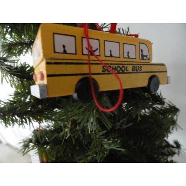 Vtg Wooden Christmas Ornaments Yellow School Bus & Teacher Red Stocking Math Ruler Pencil