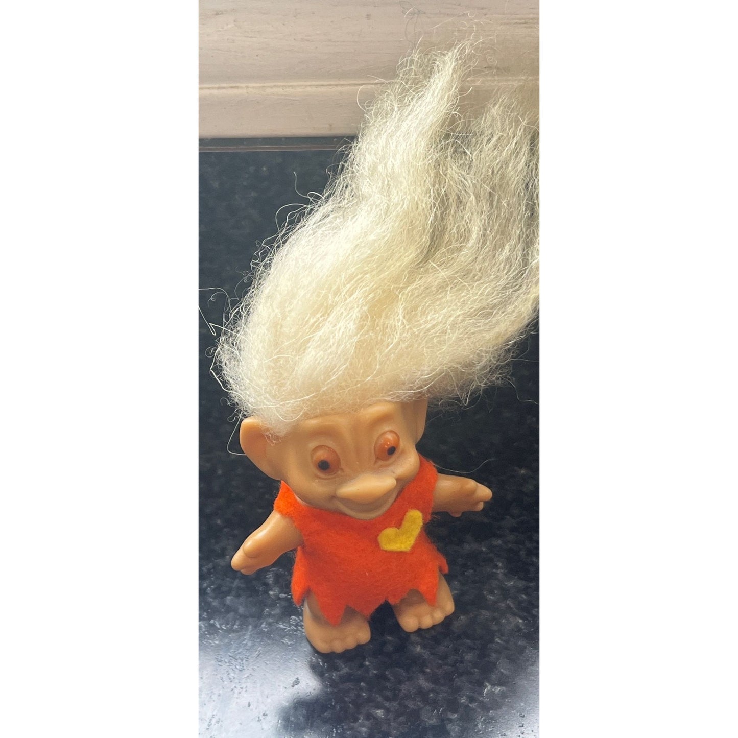 Vtg 1960's Rootie Tab Neck 3” Troll Doll with White Hair and Bulgy Orange Eyes Handmade Orange Dress With Heart