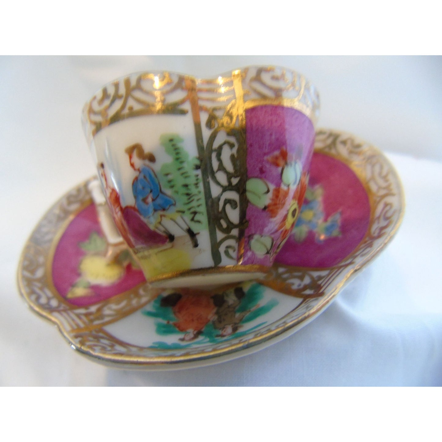 Vintage Dresden Style Hokutosha Occupied Japan Hand Painted Fuchsia Courting Couple Cup & Saucer