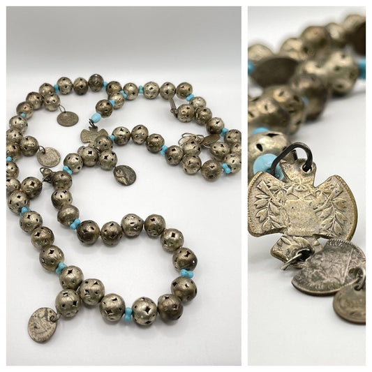 Vtg Colonial Chachal Pierced Silver Beads Coins Necklace Blue Glass Beads Made In Guatemala Ethnic Jewelry