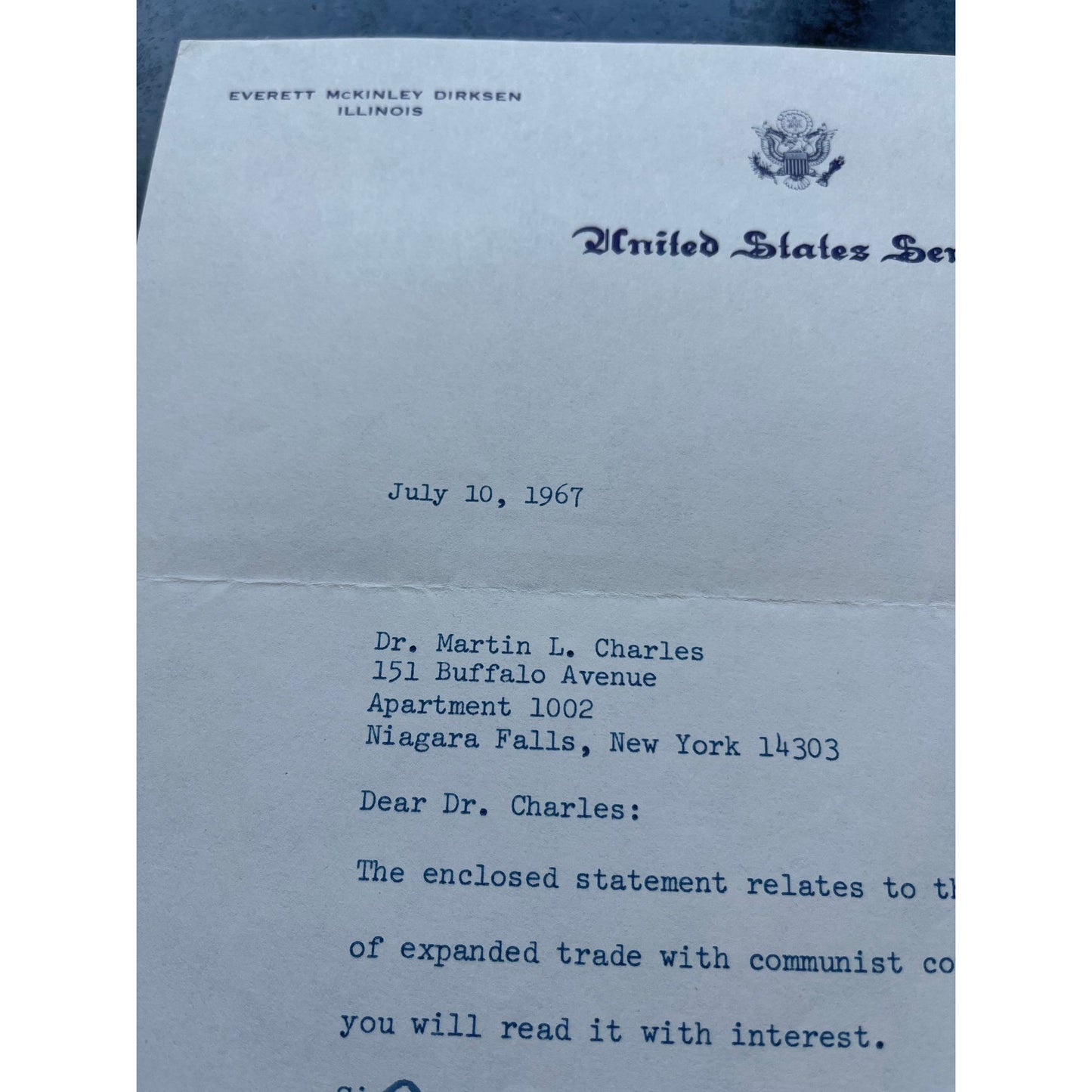 Vtg Signed Letter Everett McKinley Dirksen United States Senate Minority Leader July 10, 1967 To My Father