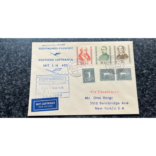 Vtg 1956 Opening Flight Hamburg-Dusseldorf Paris - New York By Airmail Imprime Opening Air Mail German Lufthansa In German