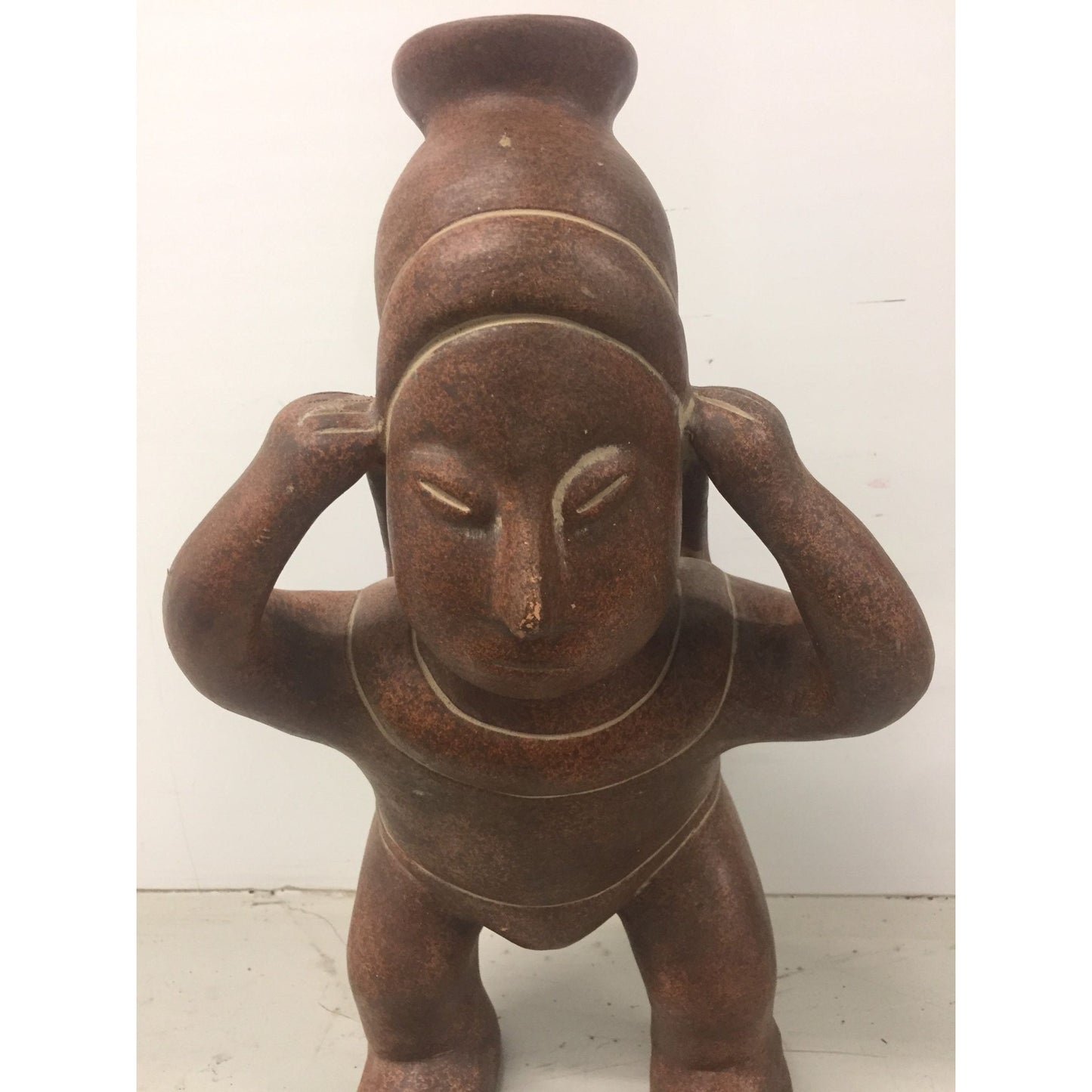 Vintage 1973 Ceramic Terracotta Mayan Figurine Male Carrying Water Basket Made In Mexico