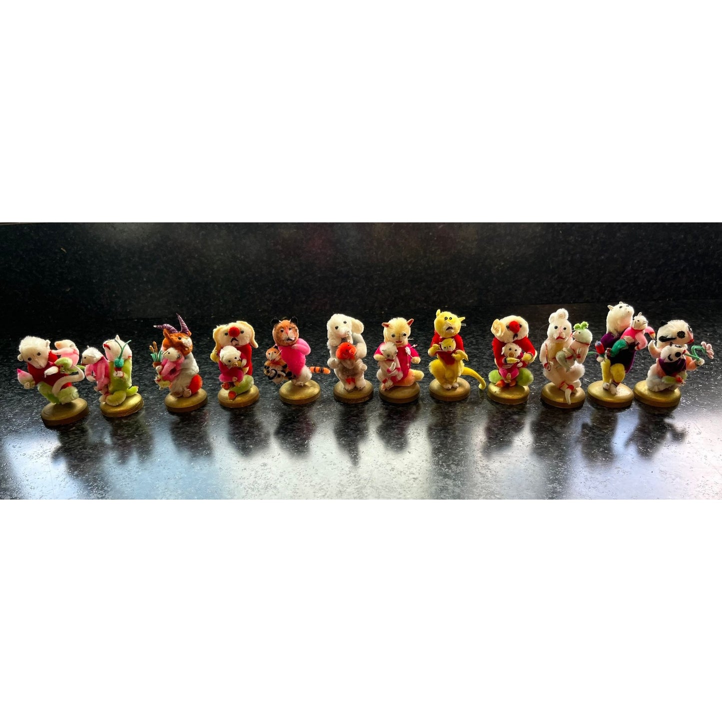 Vtg Set Of 12 Handmade Chenille Animals Mother & Child 2" Figurines Amazing Details One Of A Kind