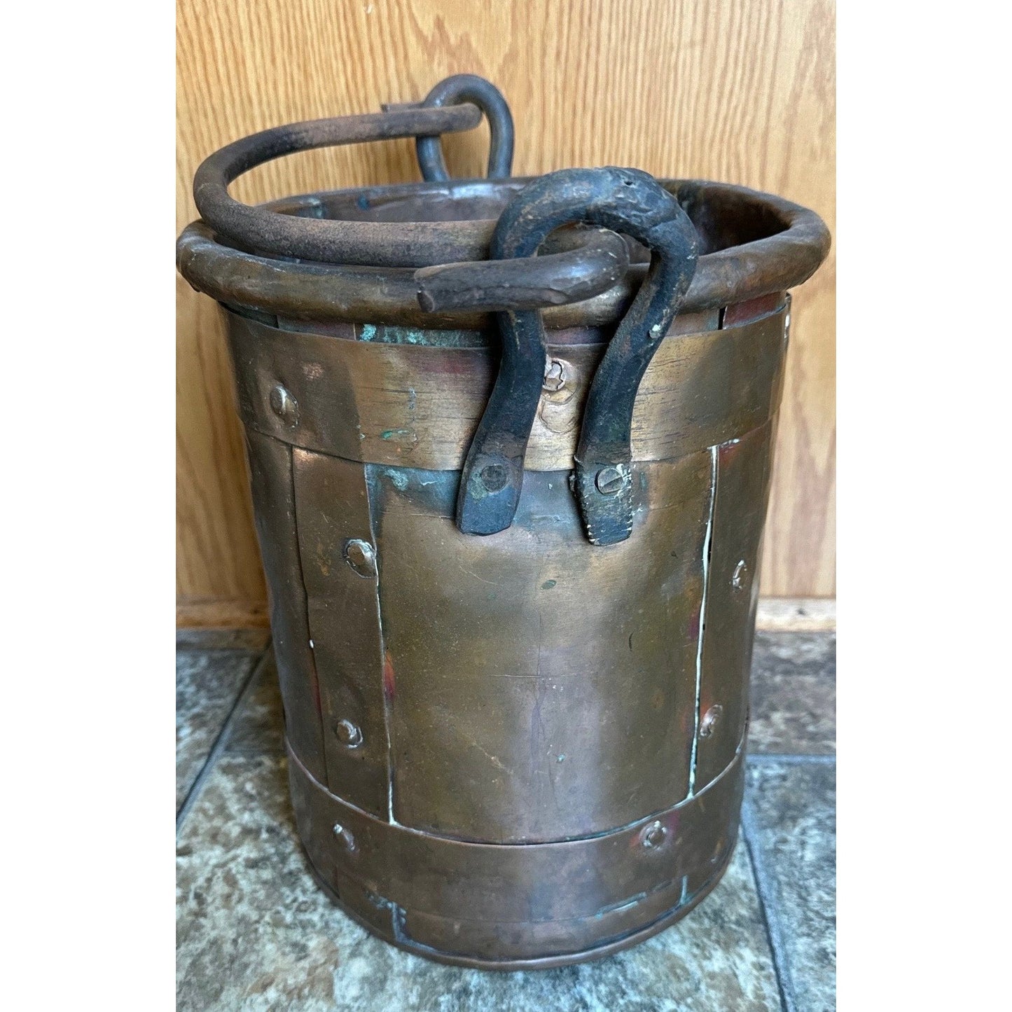 19th Century Copper Firewood Bucket Cauldron With Handle 11 1/4" Tall