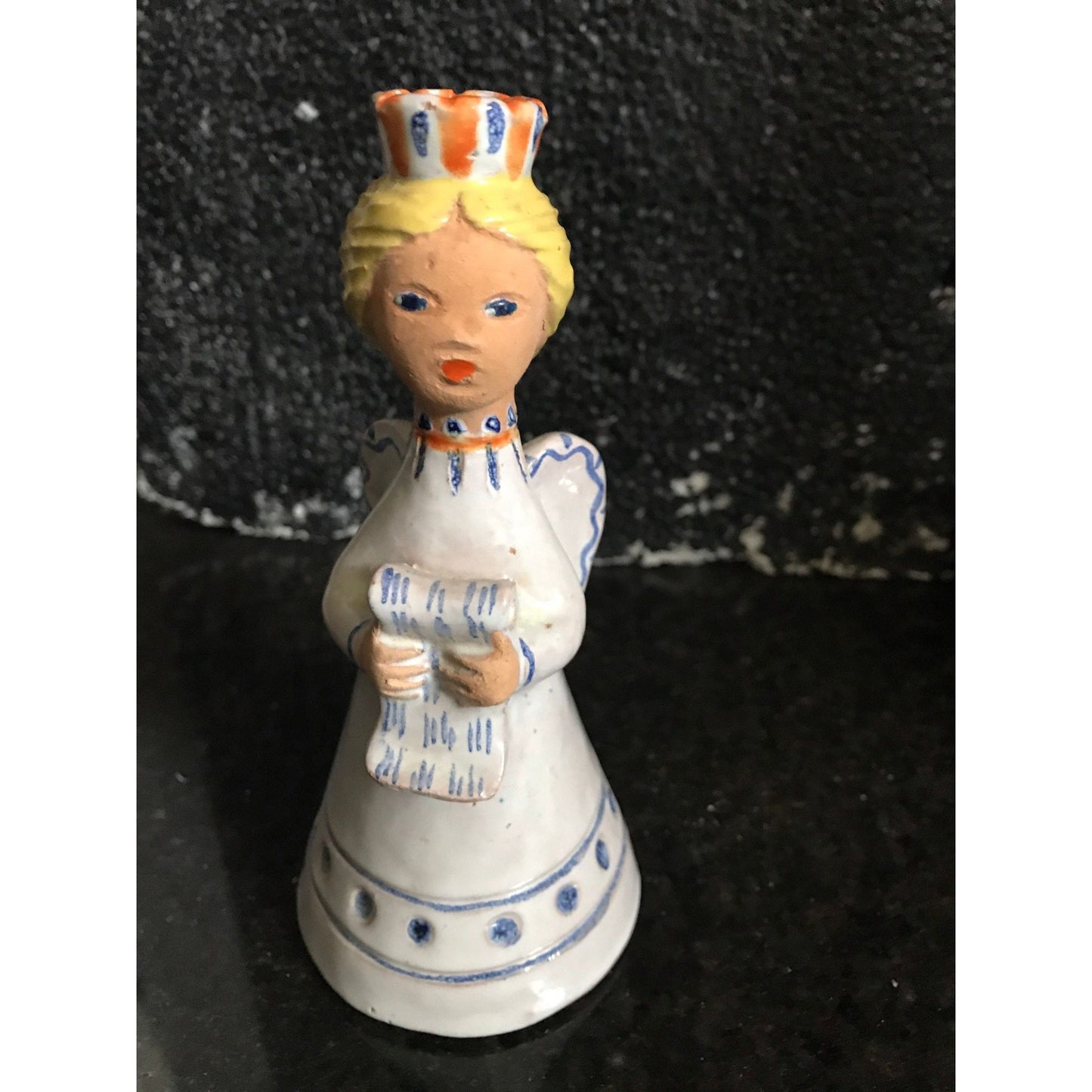 Vtg Hungarian Candle Holder Folkloric Ceramic Hand Painted Angel Miniature Taper Candle Signed By Artist