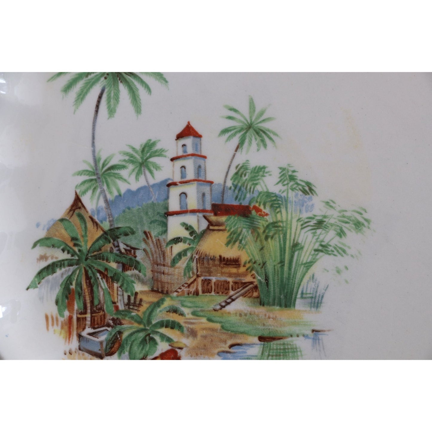 W S George Bolero Vintage Rare Tropical Island Hacienda Bull Scene Three 9.5" Dinner Plates