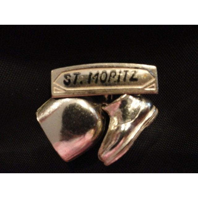 Vtg 1960's Swiss St. Moritz Silver Tone Pin Working Bell & Hiking Boot Made In Switzerland