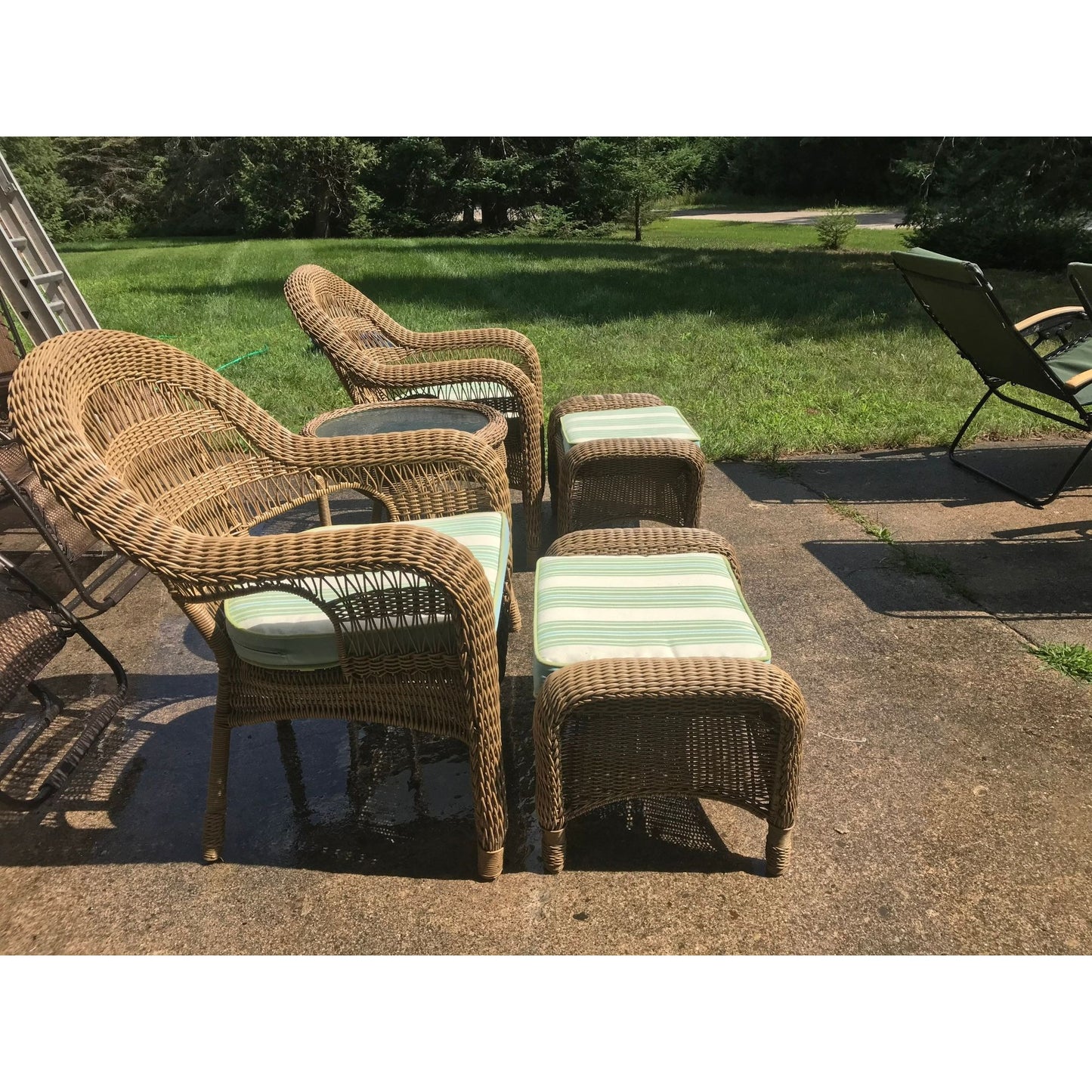 Vintage 5 Piece Rattan Patio Set With Cushions By Grand Basket Company 2 Arm Chairs 2 Ottomans 1 Table & Cushions