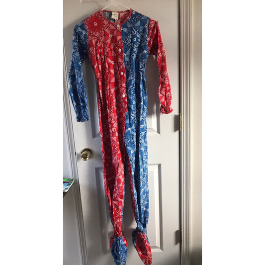 Vtg Saks Fifth Avenue Women's Pajamas' Footies One Piece Designed By Juli Red & Blue Calico Stars White Daises Size 5