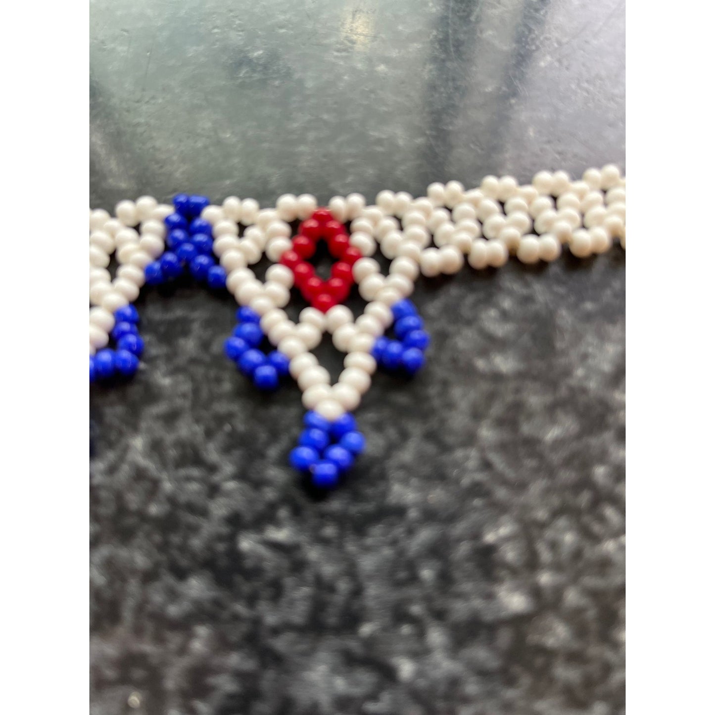 Vtg 1970's Hand Beaded Yoke Or Net Style Necklace 5 Beaded Triangles White Blue Red Yellow Pan Tribal